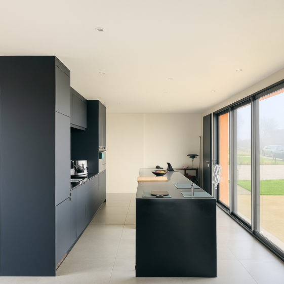 Une cuisine conçue comme un espace central, à la fois sobre et généreux, ouvert sur l’extérieur par de larges baies vitrées. L’implantation épurée et les rangements intégrés favorisent une utilisation fluide au quotidien, en lien direct avec les espaces de vie et le jardin.