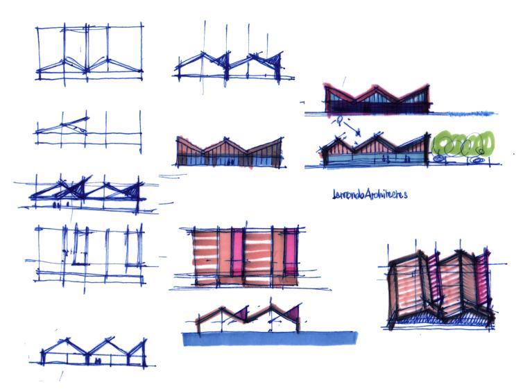 Construction d'un bâtiment à usage commercial : Structure et murs ossature bois - Bardage Equitone - Toiture végétalisée - Toiture métallique joint debout - Menuiseries Aluminium - Panneaux photovoltaïque