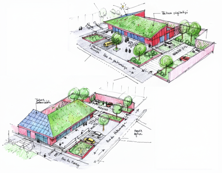 Construction d'un bâtiment à usage commercial : Structure et murs ossature bois - Bardage Equitone - Toiture végétalisée - Toiture métallique joint debout - Menuiseries Aluminium - Panneaux photovoltaïque