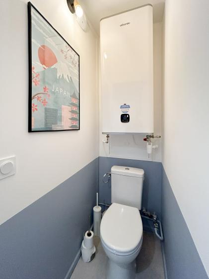Toilettes indépendantes avec chauffe-eau intégré, murs bicolores et décoration murale, optimisées pour un usage en colocation