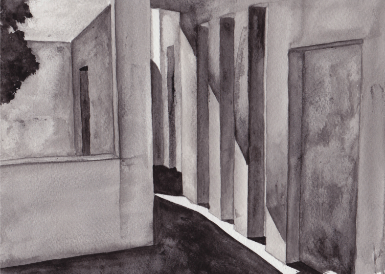 Aquarelle en noir & blanc - Volumétrie sous porche