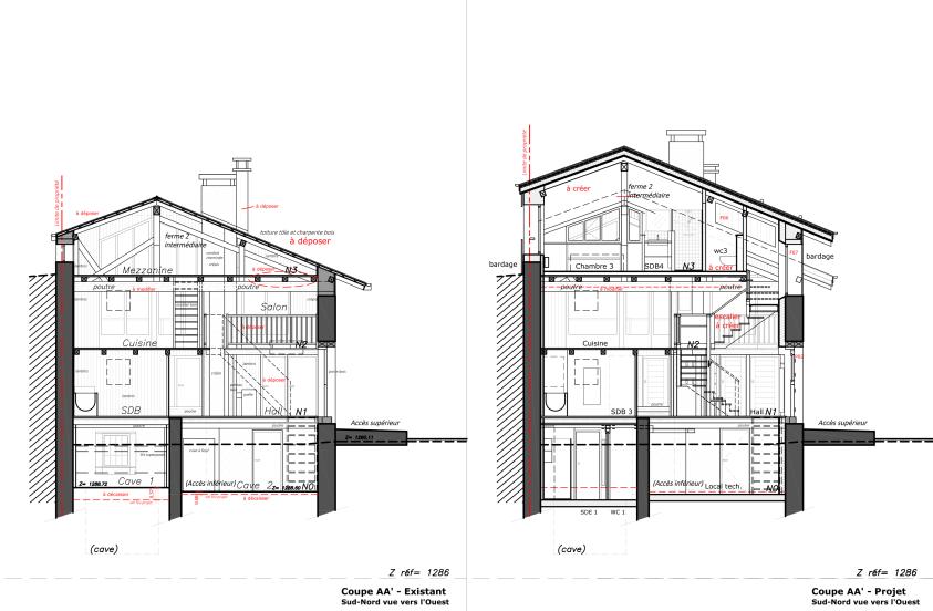 Vue en coupe état existant / projet : surélévation, reconfiguration escalier, décaissement. 