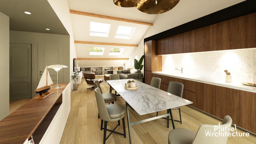 Vue 3D de la pièce de vie ouverte dans les combles aménagés d’un logement rénové à Ars-sur-Moselle en Moselle