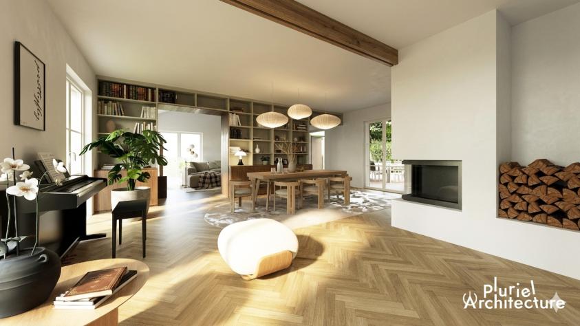 Vue depuis l'espace d'entrée Pièce de vie lumineuse et fluide après extension à Scy-Chazelles avec salle à manger ouverte sur le salon situé dans l’extension