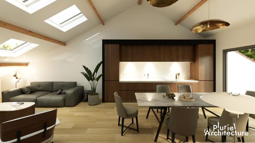 Vue 3D des volumes intérieurs sous toiture dans un projet de réhabilitation d’un bâtiment en logement à Ars-sur-Moselle avec combles aménagés