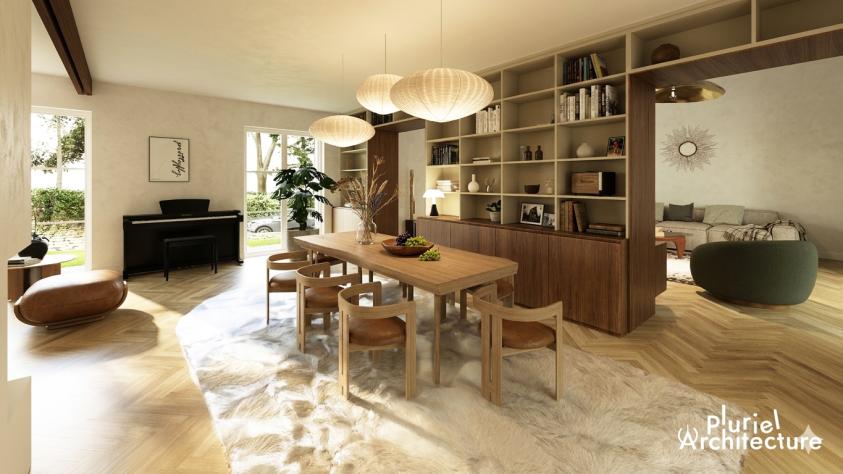 Vue depuis la salle à manger Pièce de vie lumineuse et fluide après extension à Scy-Chazelles avec salle à manger ouverte sur le salon situé dans l’extension