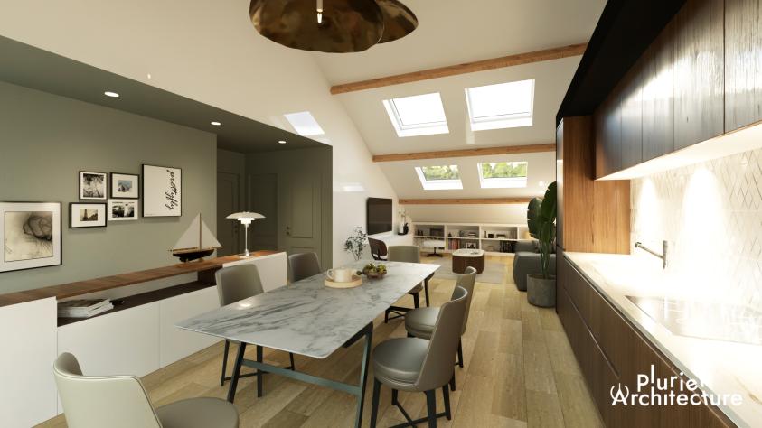 Vue 3D des volumes intérieurs sous toiture dans un projet de réhabilitation d’un bâtiment en logement à Ars-sur-Moselle avec combles aménagés