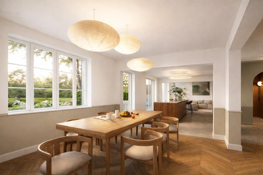 Projet - vue depuis la salle à manger Salle à manger d’une maison rénovée ouvrant sur les nouveaux volumes de vie créés dans l’ancienne zone non habitable