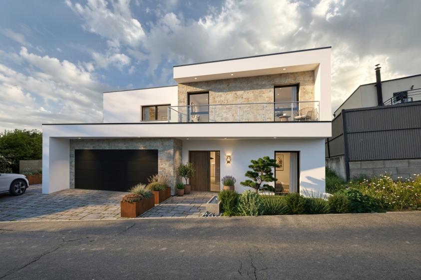 Façade avant d’une maison individuelle contemporaine à Œutrange en Moselle