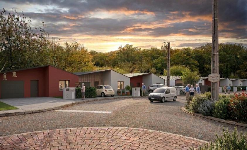 Vue d’ensemble depuis la rue d’un projet de logements seniors en maisons de plain-pied à Théding en Moselle