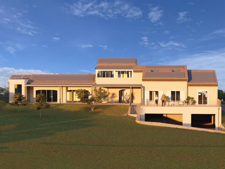 Vue sud Extension maison individuelle, façade sud avec terrasse et pool-house – Peaugres, MCA Architecture