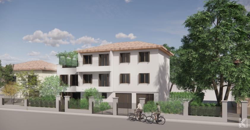 Vue d'ensemble — extension en retrait avec terrasse végétalisée, rue Chambfort, Villeurbanne Perspective de l'ensemble depuis la rue — bâtiment existant et extension, rue Chambfort, Villeurbanne (69)