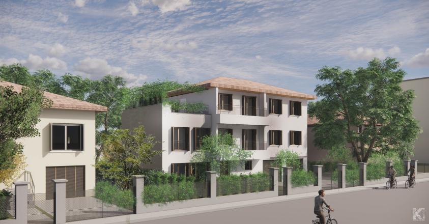 Vue sur rue — extension et terrasse végétalisée en toiture, rue Chambfort, Villeurbanne Perspective de l'extension depuis la rue Chambfort — insertion paysagère, Villeurbanne (69)