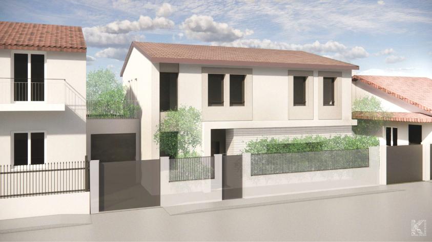 Perspective de la façade sur rue d'une maison individuelle contemporaine à Villeurbanne, enduit blanc cassé, toiture tuiles brun foncé, menuiseries anthracite