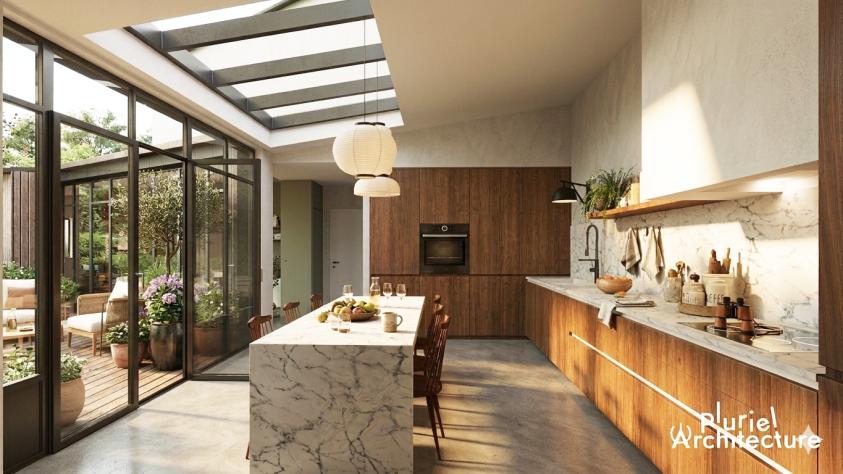 Extension - Cuisine Cuisine aménagée dans une extension contemporaine avec apport de lumière zénithale à Metz
