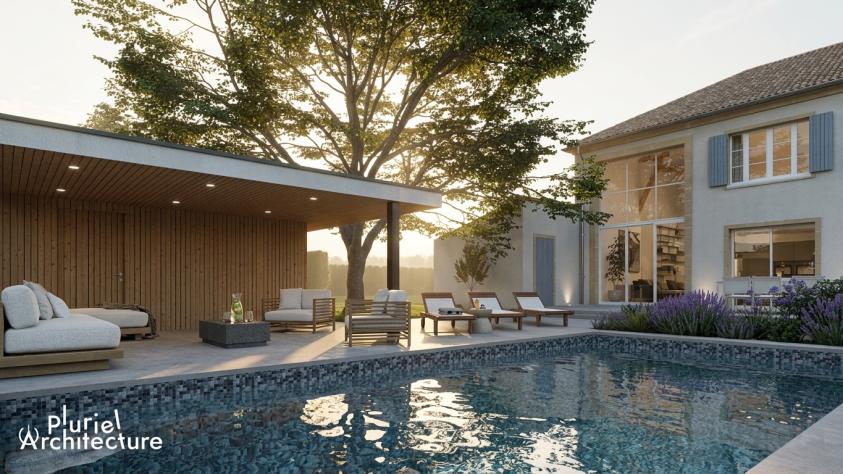 Projet - Façade arrière Façade arrière d’une maison rénovée avec piscine et poolhouse à Cheminot en Moselle