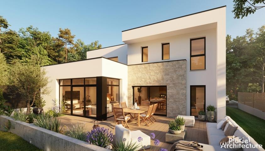 Façade arrière d’une maison individuelle contemporaine à Œutrange en Moselle