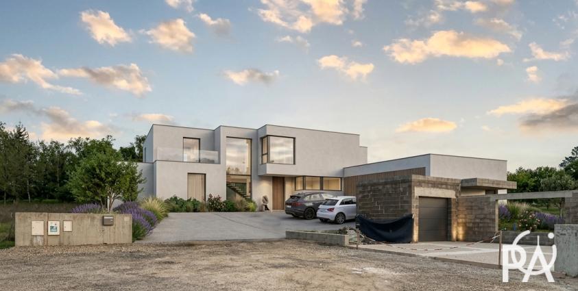 Vue 3D de la façade principale d’une maison individuelle en lisière du golf de Marly avec architecture contemporaine et grandes ouvertures