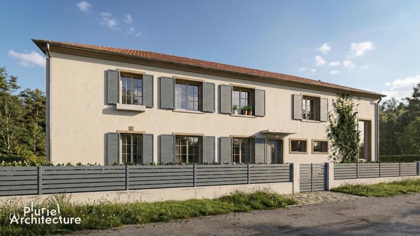 Projet - Façade avant Façade principale d’une maison rénovée de type fermette lorraine à Cheminot, Moselle, après réhabilitation architecturale