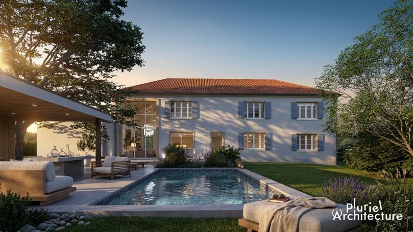 Projet - Façade arrière Façade arrière d’une maison rénovée en fermette lorraine contemporaine avec terrasse, piscine et poolhouse à Cheminot en Moselle