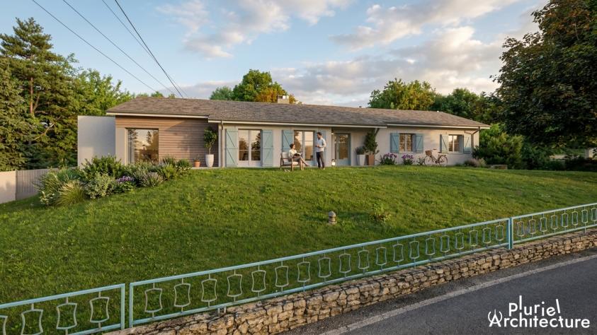 Façade maison rénovée – Scy-Chazelles Maison rénovée avec extension à Scy-Chazelles sur terrain en pente, façade avec volets et bardage bois