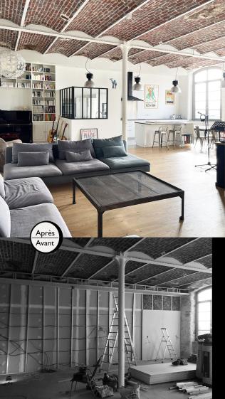 Loft vue du salon avant-après
