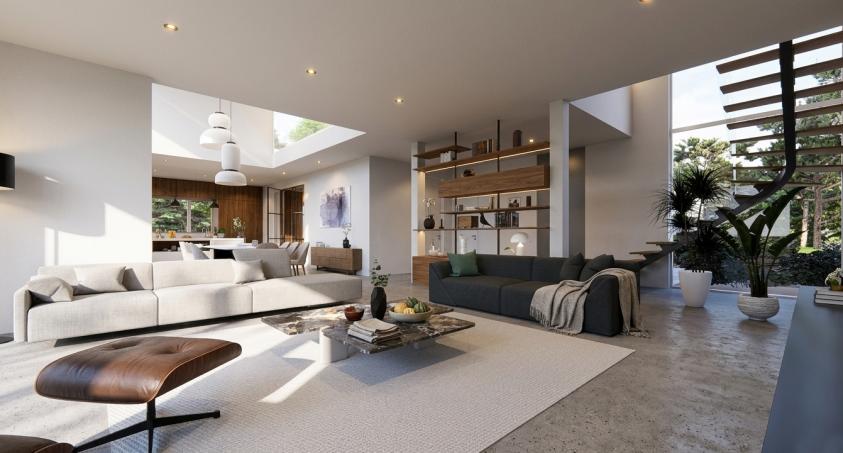 Vue 3D d’un espace de vie lumineux avec salon ouvert sur salle à manger et cuisine dans une maison contemporaine à Marly