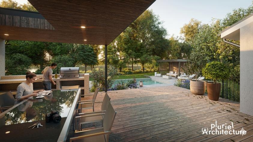 Terrasse bois et cuisine extérieure – Scy-Chazelles Terrasse en bois avec cuisine extérieure donnant sur piscine dans une extension de maison à Scy-Chazelles