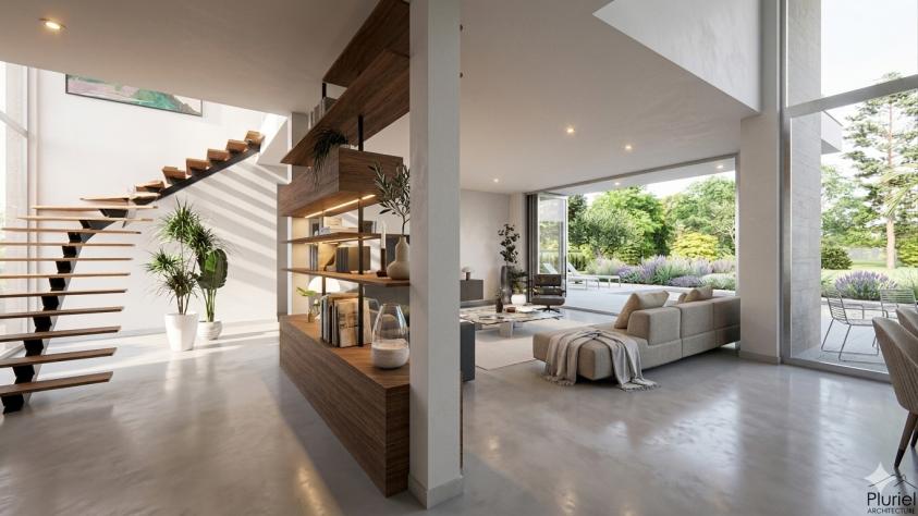 Perspective depuis l’entrée vers le séjour dans une maison individuelle contemporaine