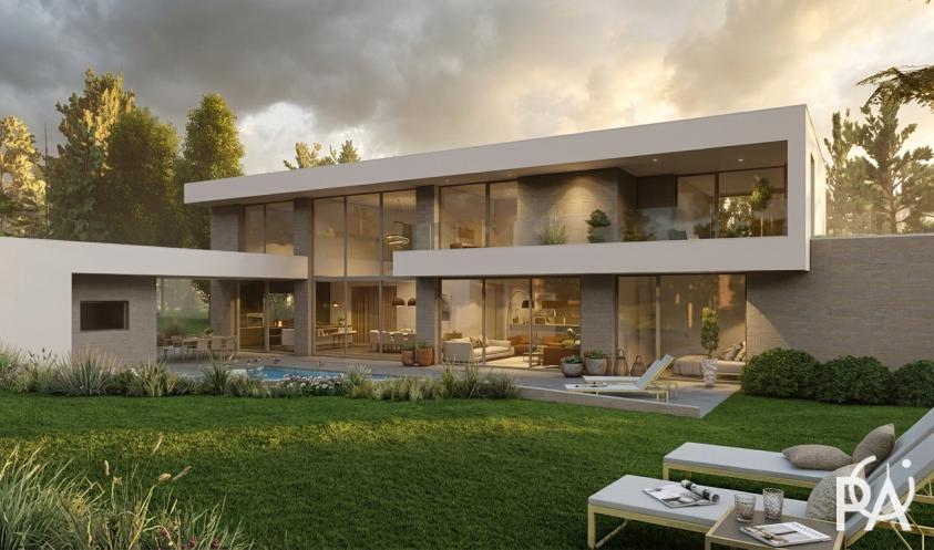 Façade arrière d’une maison contemporaine avec piscine et poolhouse en lisière du golf de Marly