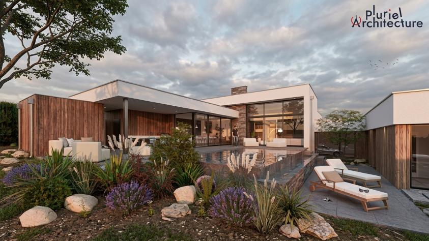 Vue 3D de la façade arrière d’une maison individuelle à Valmont avec grandes baies vitrées, terrasse, piscine et pool house