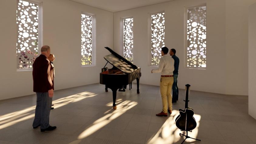 Salle de musique et lumière naturelle La lumière traverse les façades filtrantes et dessine un jeu d’ombres, offrant une atmosphère douce et maîtrisée.