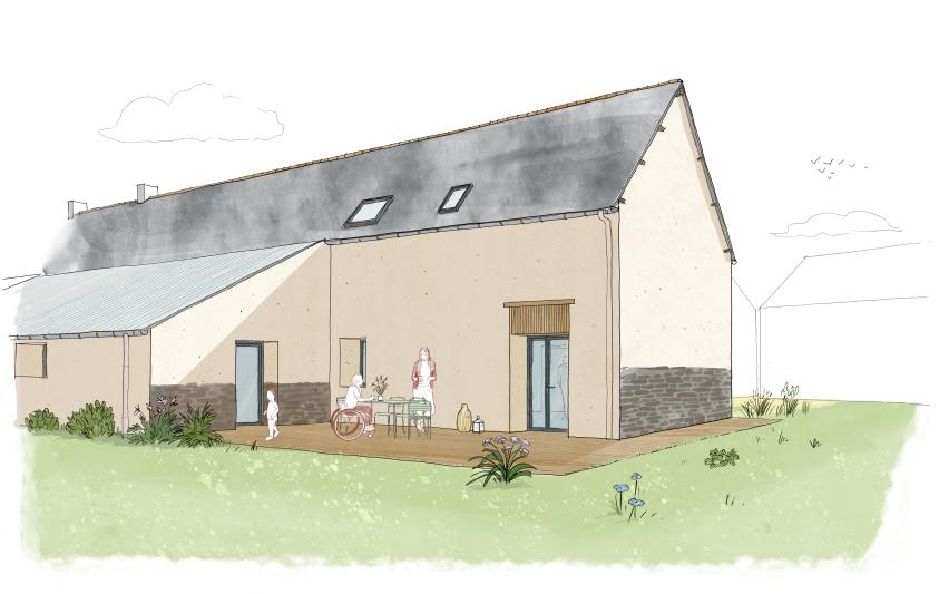 Une illustration en perspective de style croquis à l'encre et à l'aquarelle montrant l'arrière d'un bâtiment traditionnel, s'ouvrant sur une terrasse et un jardin. La bâtisse possède des façades claires avec un soubassement en pierre apparente grise et un grand toit en ardoise doté de deux fenêtres de toit. Au rez-de-chaussée, des portes-fenêtres modernes à encadrement sombre donnent sur une grande terrasse en bois.
