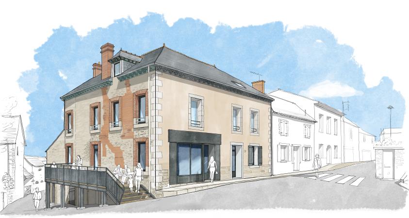 Illustration d'architecture colorée au style de dessin à la main, représentant le projet de rénovation d'un bâtiment d'angle en milieu urbain ou villageois. L'édifice principal, beige clair avec un toit en ardoise, intègre au rez-de-chaussée une devanture commerciale moderne et sombre, ainsi qu'une terrasse surélevée accessible par un escalier extérieur où se trouvent des silhouettes de piétons esquissées. La façade latérale laisse apparaître des éléments de briques rousses.
