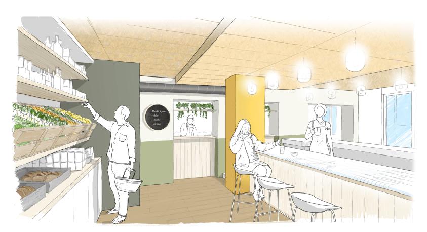 Illustration d'architecture colorée au style esquisse représentant l'intérieur d'un commerce multiservice convivial, combinant une épicerie et un bar. À gauche, un client avec un panier choisit des produits sur des étagères en bois garnies de bouteilles, de fruits et légumes, et de pains. À droite, un long comptoir en bois clair est équipé de tabourets hauts, où une cliente est assise. Une personne s'active derrière le bar sous des suspensions lumineuses modernes. 