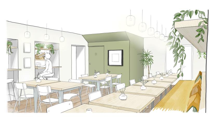 Illustration d'architecture colorée au style esquisse représentant l'intérieur lumineux d'un café ou d'un restaurant moderne. L'espace comprend de nombreuses tables en bois clair entourées de chaises blanches et une banquette filante avec des coussins jaunes et verts sur le côté droit. Le design met l'accent sur des tons naturels avec des murs blancs, un bloc central peint en vert olive, des plantes suspendues ou en pot, et une série de suspensions lumineuses en verre transparent alignées au plafond.