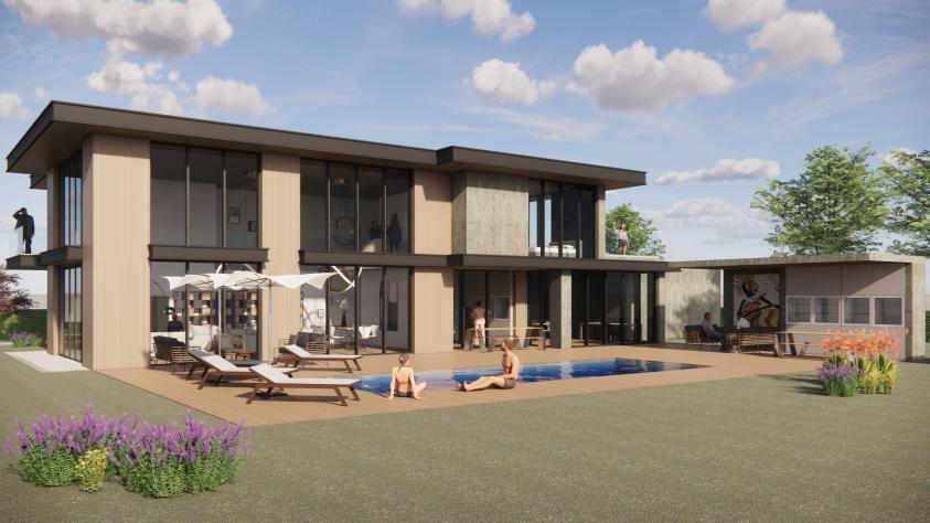 Vue sud — terrasse, piscine et façade vitrée pleine hauteur Villa contemporaine de prestige — vue sur façade sud, terrasse et piscine