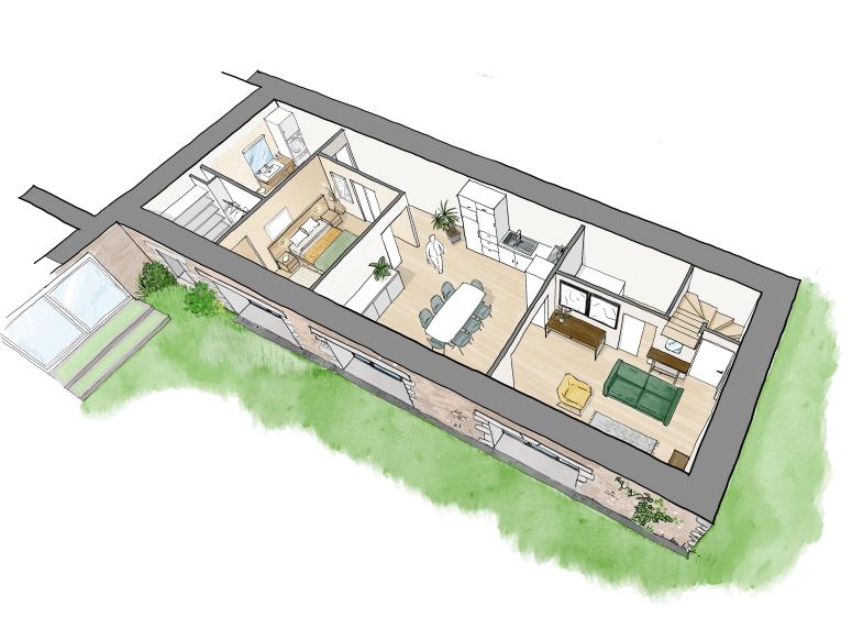 Un plan 3D axonométrique coloré, réalisé dans un style d'illustration, montrant l'aménagement intérieur du rez-de-chaussée d'une maison tout en longueur (longère). Les murs extérieurs épais sont coupés horizontalement pour révéler les différentes pièces : à gauche, une chambre avec un grand lit et une salle d'eau attenante ; au centre, un grand espace de vie ouvert comprenant une cuisine équipée linéaire et une salle à manger. 