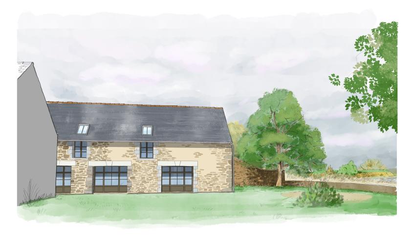 Voici une proposition d'alternatiUne illustration de style aquarelle représentant la façade d'une longère traditionnelle en pierre apparente et enduit clair, typique de la région de Pleudihen. Le bâtiment possède un toit en ardoise grise percé de deux fenêtres de toit. Au rez-de-chaussée, on distingue de grandes baies vitrées avec des encadrements en pierre blanche et des menuiseries sombres à petits carreaux. 