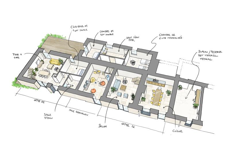 Un plan 3D axonométrique coloré, détaillant l'aménagement intérieur du rez-de-chaussée d'un grand bâtiment divisé en deux gîtes et des espaces médicaux ou de bien-être. À gauche, le Gîte 01 comprend une grande pièce à vivre (salon et salle à manger), une chambre avec un lit double et une salle d'eau. Au centre, on trouve une « Salle Snoezelen » (espace de stimulation sensorielle) équipée de poufs colorés. À droite, le Gîte 02 est composé d'un salon et d'une grande cuisine. 