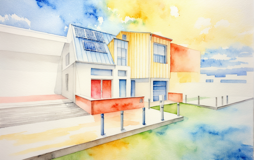 Perspective architecturale en aquarelle illustrant la transformation contemporaine d’une maison de ville à Rennes, mêlant extension, surélévation et intégration bioclimatique à travers des volumes épurés, des façades métalliques et des panneaux photovoltaïques.
