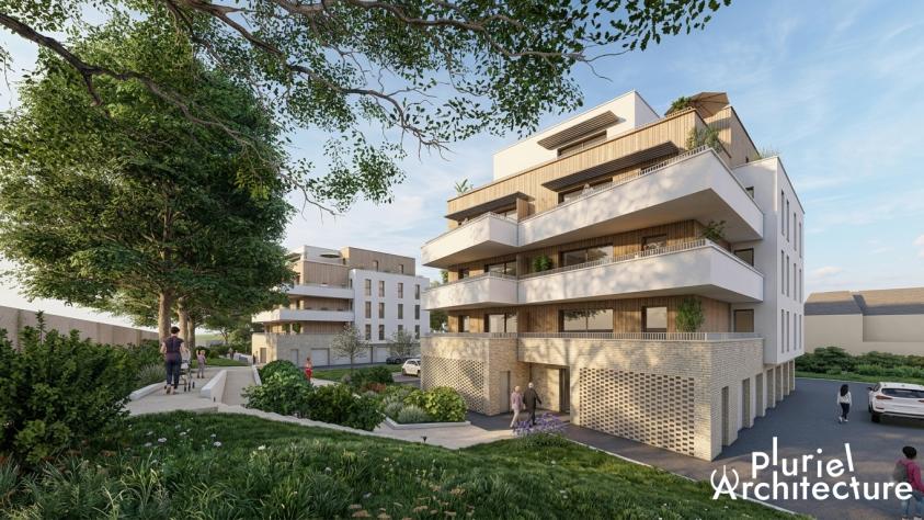 Vue perspective d’un ensemble de deux immeubles de logements collectifs contemporains à Forbach, composés de façades claires, bardages bois et larges balcons orientés plein sud, intégrés dans un environnement paysager arboré.