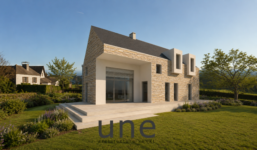 Maison individuelle; architecture locale modernisée; Vue Jardin