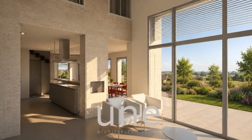 Baie vitrée; double hauteur; mur de pierre; terrasse; contrôle solaire Vue intérieure - espace salon ouvert sur le grand paysage