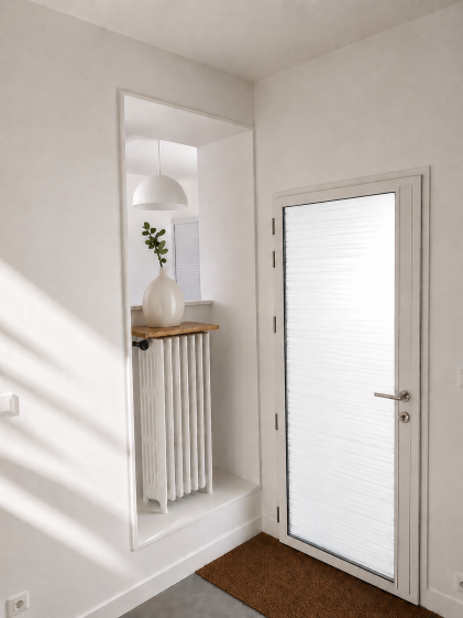 Extension création volume d'entrée, porte vitrée; réemploi radiateur à eau; vues croisées MAR_Entrée