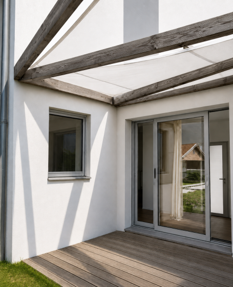 Terrasse bois sous pergola ossature bois et voile d'ombrage; large baie ouverte MAR_terrasse