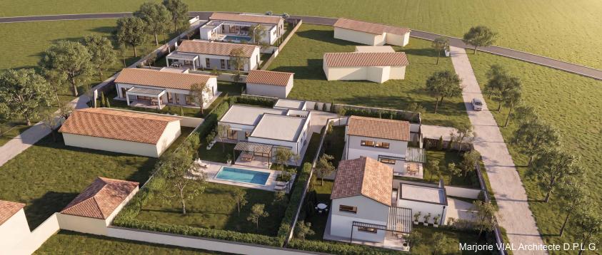 vue d'ensemble Construction d'un lotissement de 6 maisons individuelles d'une surface plancher totale de 704 m², composé de 4 maisons T5 de plain-pied et de 2 maisons T4 à étage.