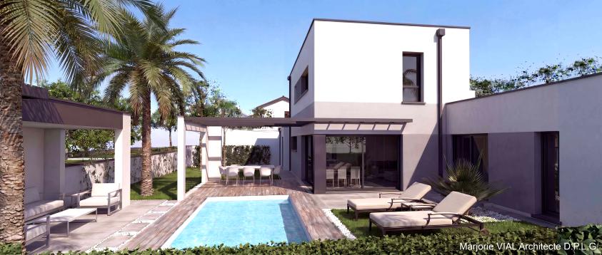 Vue depuis le jardin maison contemporaine avec volumes épurés en maçonnerie blanche, piscine et poolhouse
