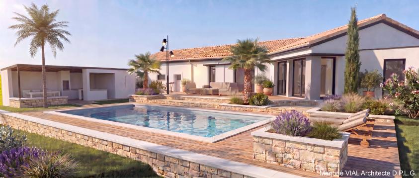 Vue depuis le jardin Maison contemporaine avec jeu de volumes blancs, murettes en pierre locale, piscine, jardinières végétalisées et poolhouse.