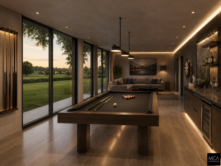 Espace de jeux avec billard et bar ouvert sur le jardin par de larges baies vitrées — MCA Architecture
